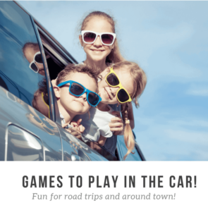 Three kids wearing sunglasses getting their heads out of a car window