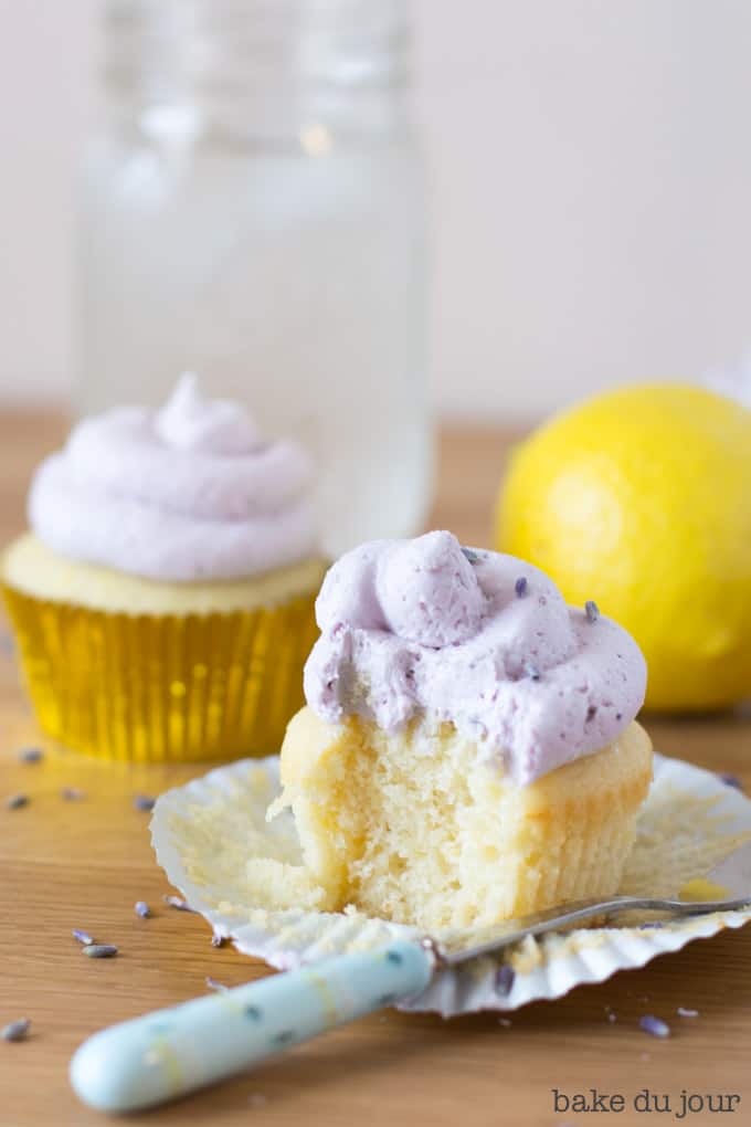 They close up of lavender lemon cupcakes