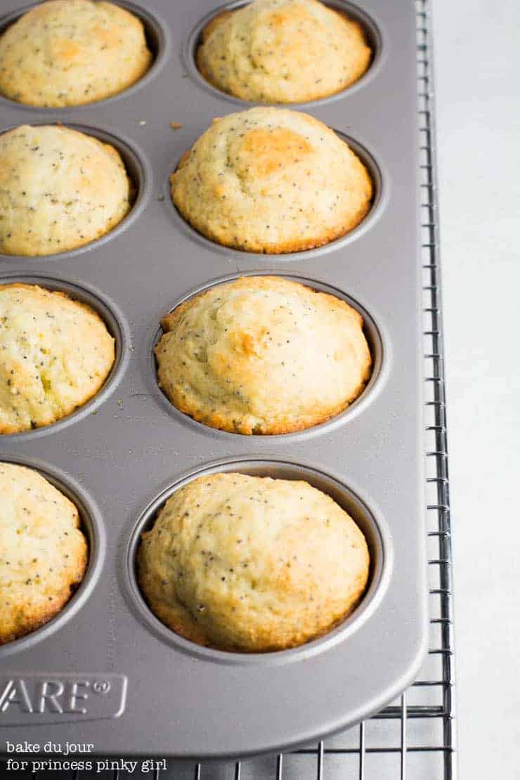 Lemon Poppy Seed Muffins cooling on a wire rack, still in the muffin pan