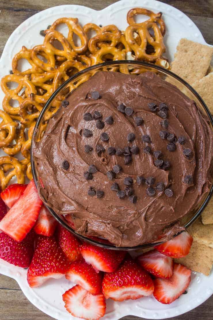 Chocolate brownie dip with pretzels and strawberries