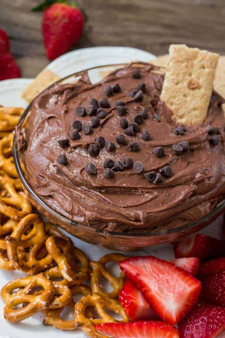 Brownie batter dip with pretzels, strawberries and graham crackers