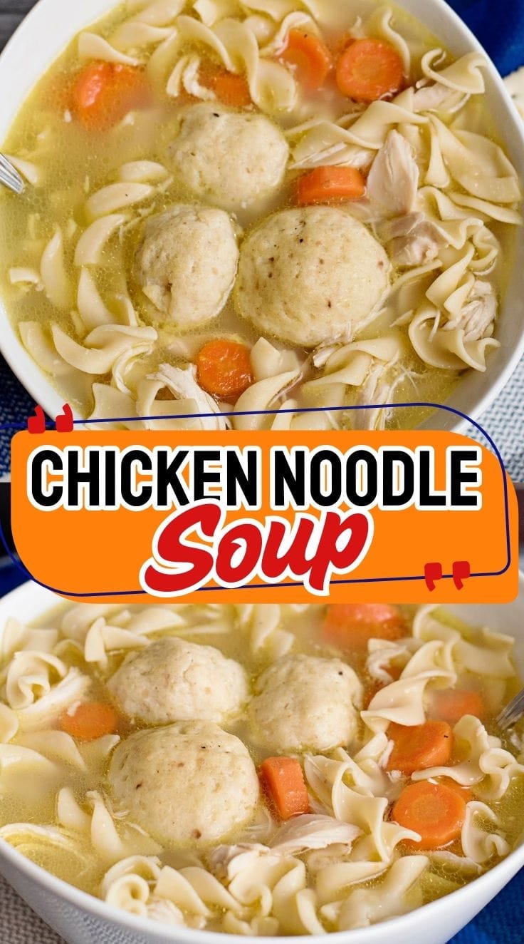 Homemade chicken noodle soup with noodles and chicken in a comforting broth.