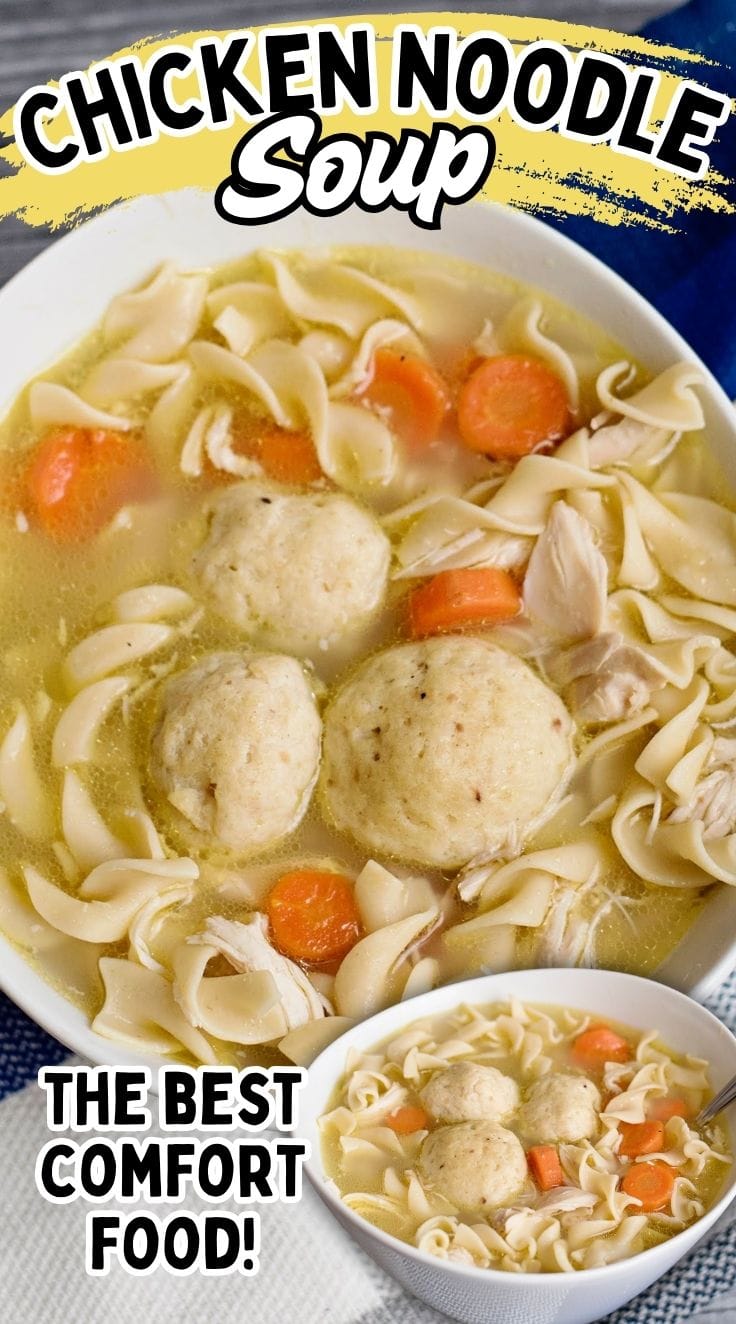 Homemade chicken noodle soup with noodles and chicken in a comforting broth served in a bowl.