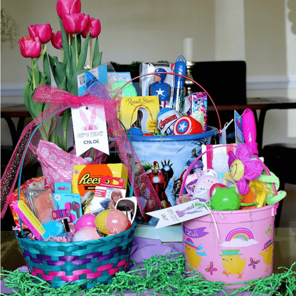 Easter basket samples with flowers in the background