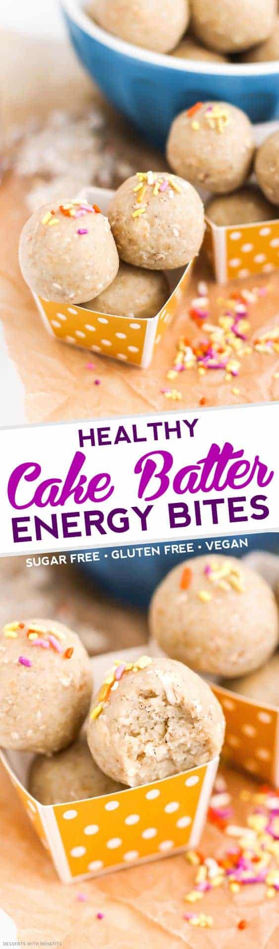 A Pinterest image for healthy cake batter energy bites