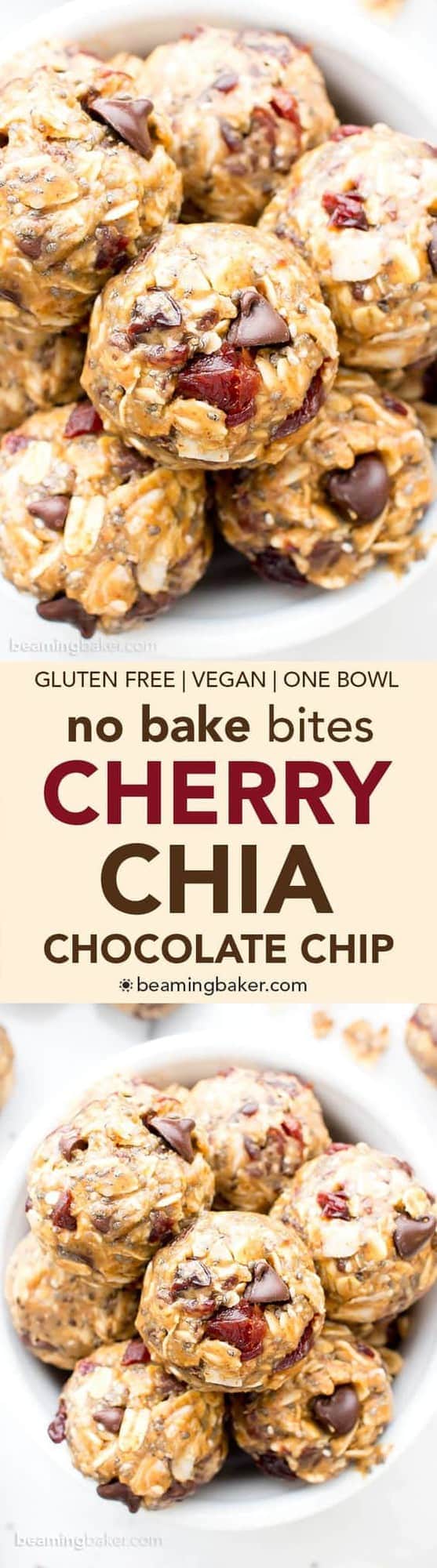 A Pinterest image for no bake bites cherry Chia chocolate chip