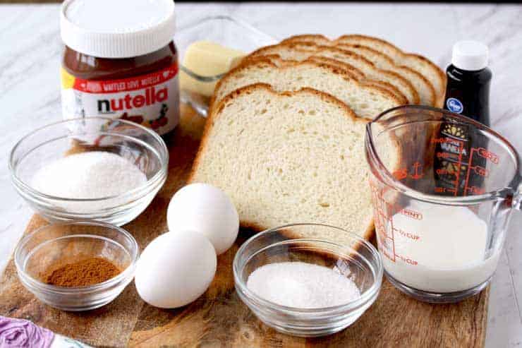 Ingredients for Nutella French Toast Roll-Ups - eggs, sugar, bread, vanilla, cinnamon