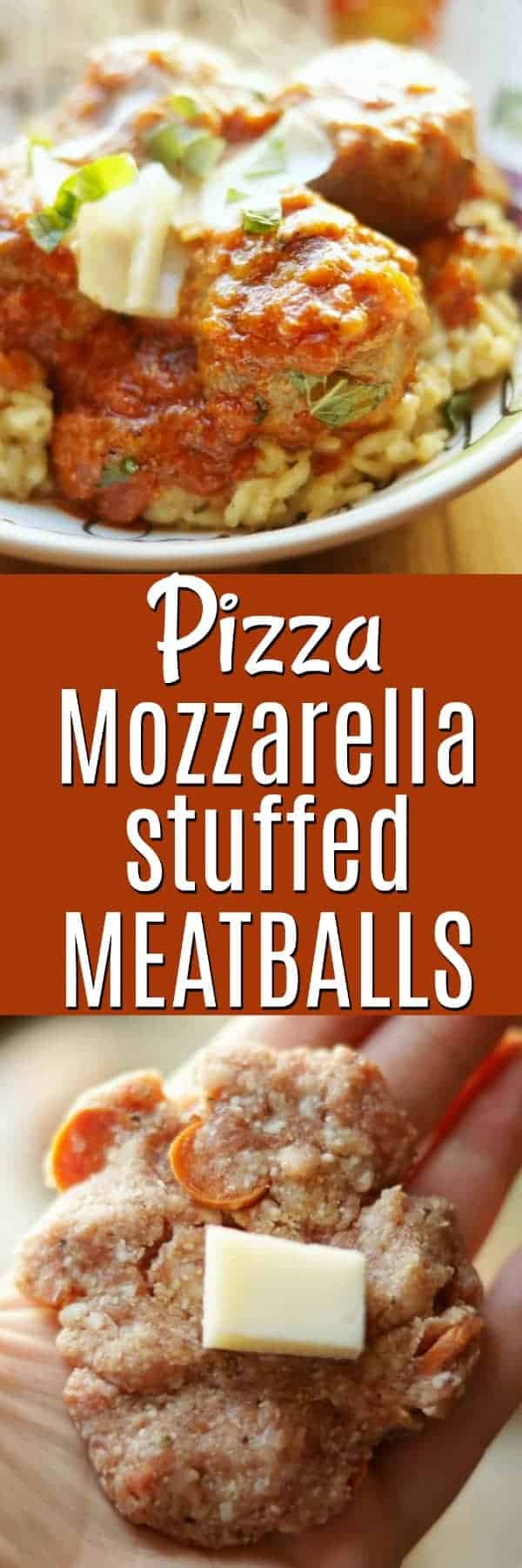 Pizza Stuffed Meatballs aka Mozzarella Stuffed Meatballs (with a delicious sauce) are the best meatballs you will ever have! Tender meatballs stuffed with pepperoni and mozzarella cheese, topped with pizza sauce and fresh parmesan cheese! Your family will ask for this easy, but impressive dinner every week! Pizza mozzarella stuffed meatballs