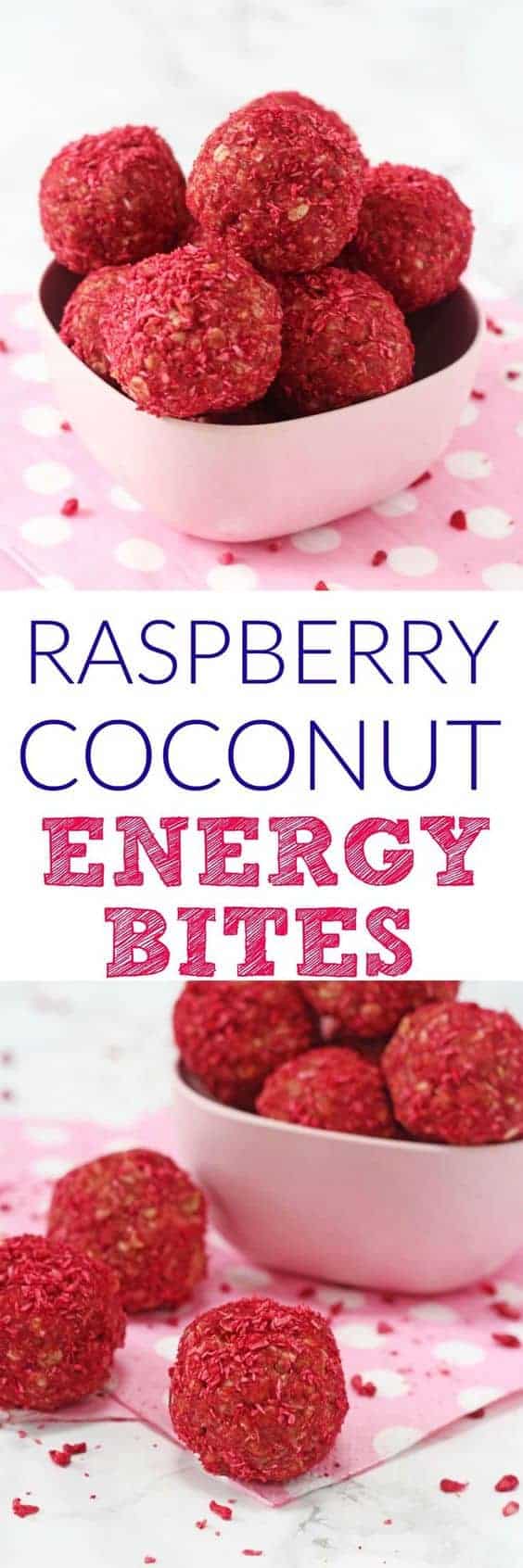 A Pinterest image for raspberry coconut energy bites