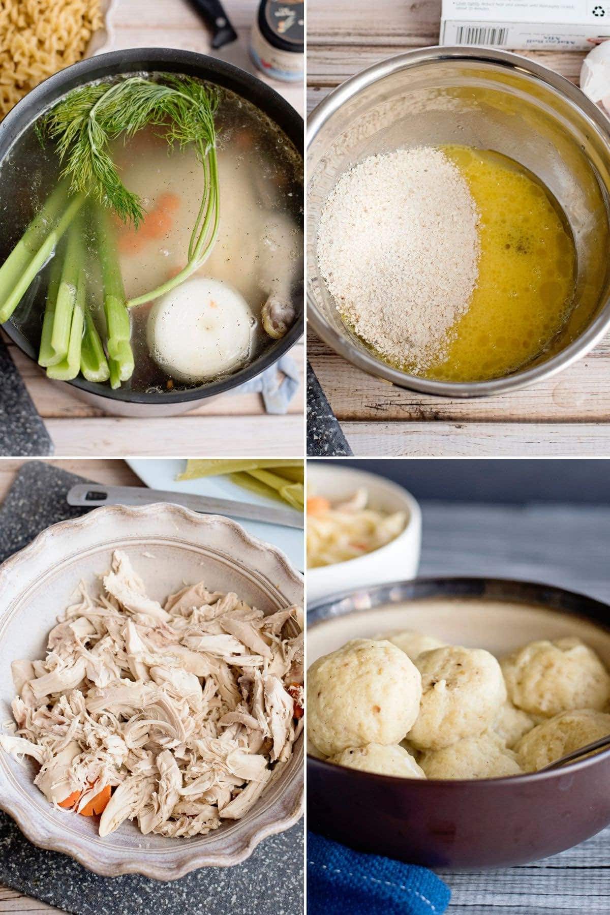 cooking the broth with fresh herbs and vegetables, preparing matzo ball mixture, shredding cooked chicken, and adding matzo balls for serving.