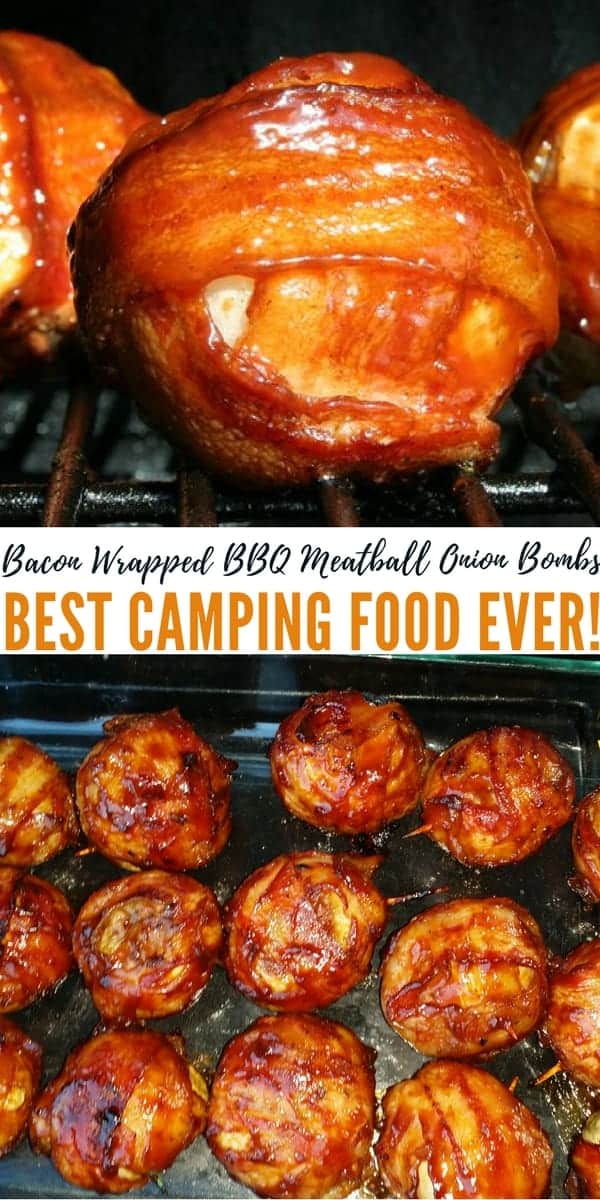 A Pinterest image for bacon wrapped barbecue meatball onion bombs
