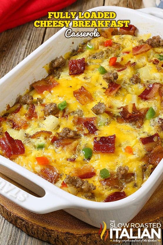 A breakfast casserole in a white dish