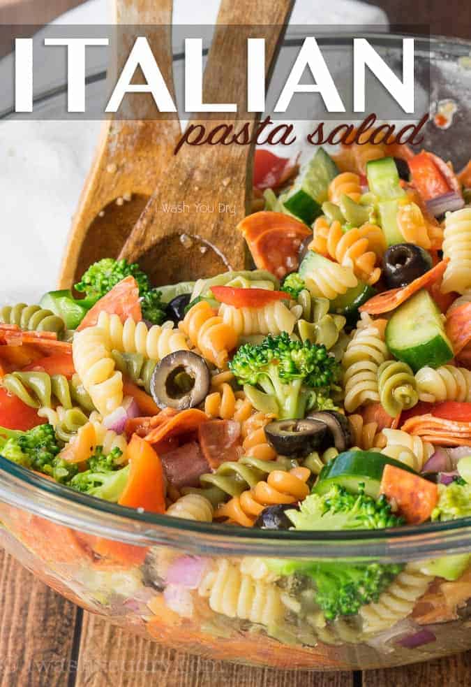Italian pasta salad and a glass dish