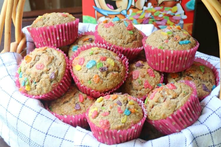 Fruity Pebbles breakfast muffins in a basket