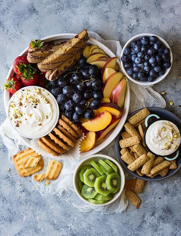 A variety of food on a table, with Fruit