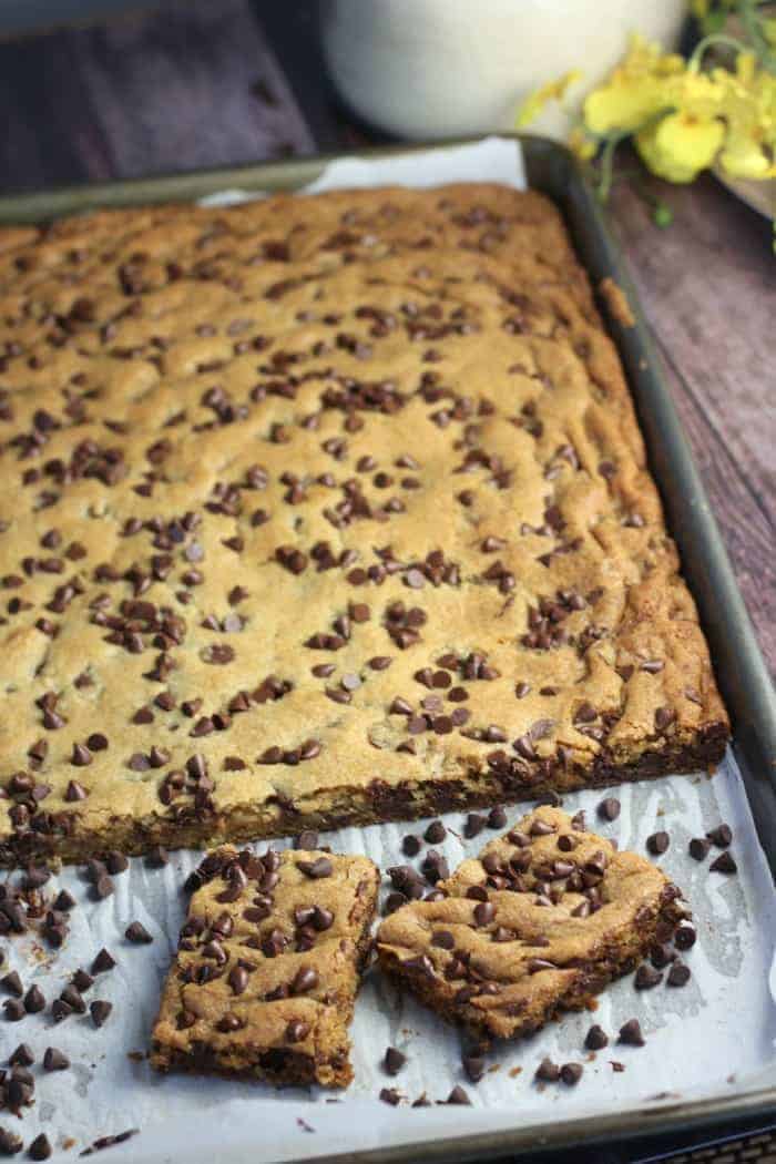 Sheet pan filled with chocolate chip cookies