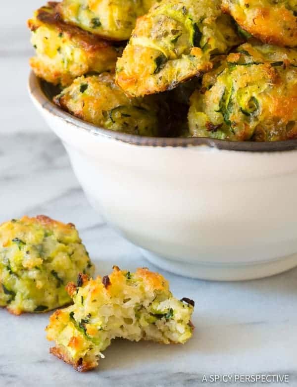 Zucchini tater tots in a white bowl