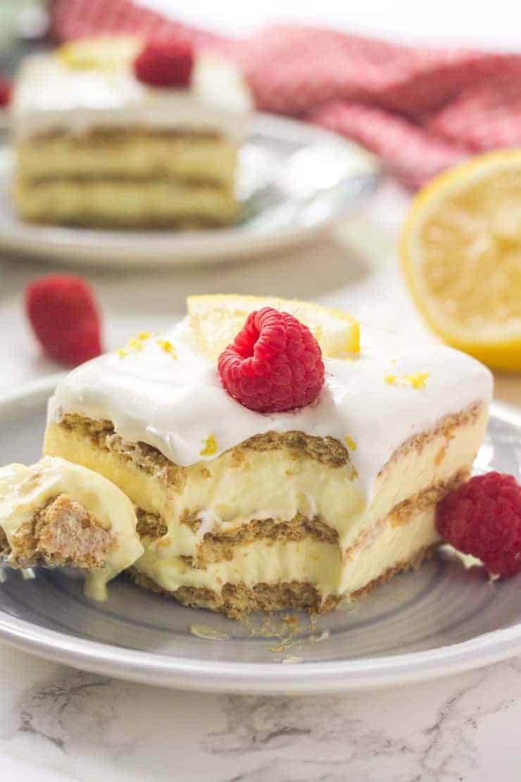 lemon icebox cake with a bite out of it
