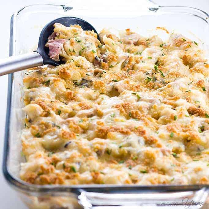 Chicken Cordon Bleu casserole and a glass dish