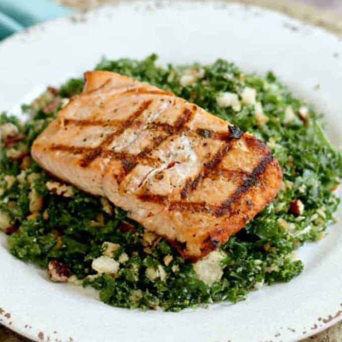 Grilled Salmon Kale Salad with Honey Lemon Vinaigrette - Princess Pinky ...