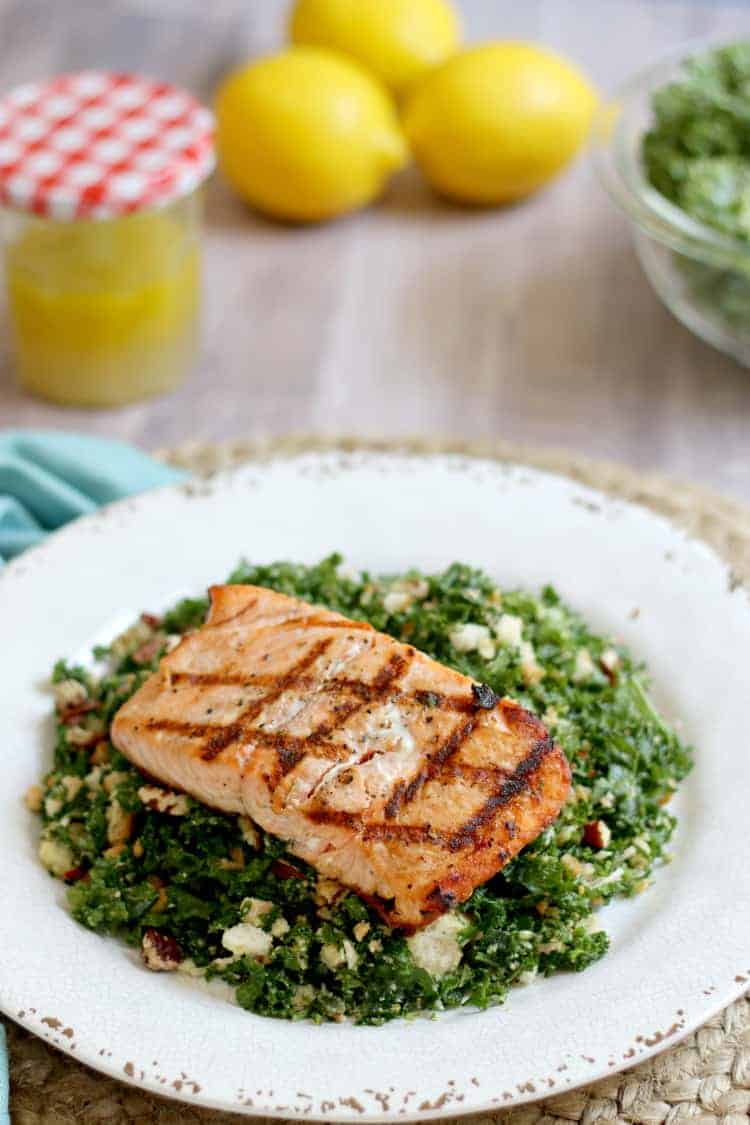 grilled salmon on a bed of kale