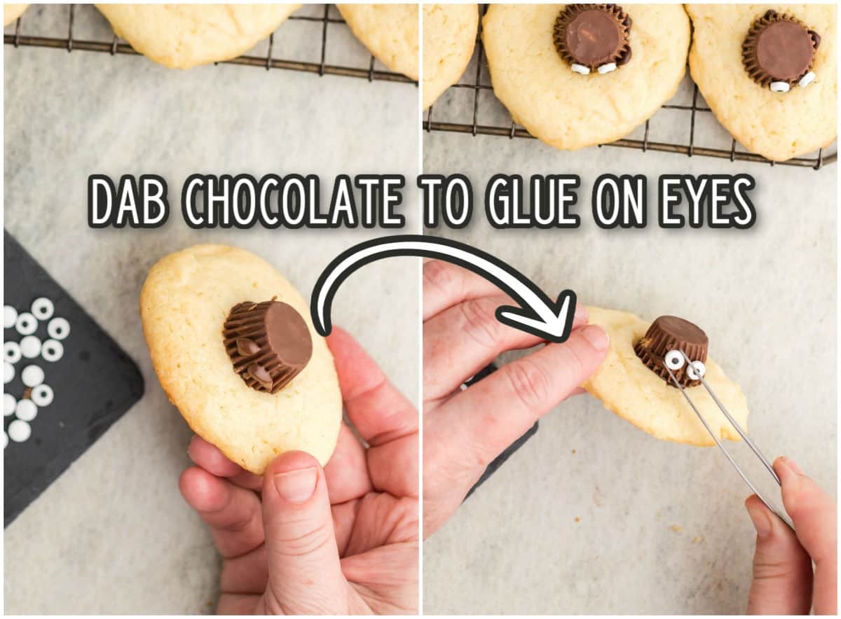 candy eyes glued with chocolate on a Reese's peanut butter cup