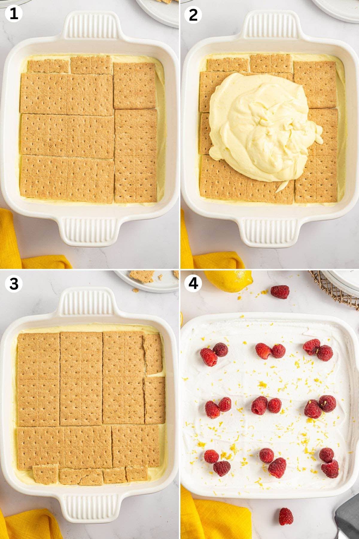 Step-by-step collage showing how to make lemon icebox cake with graham crackers, lemon pudding mixture, and whipped topping, topped with fresh raspberries and lemon zest in a white baking dish.
