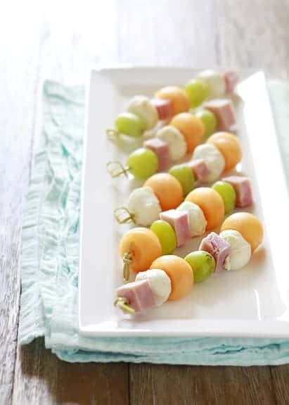 Ham cheese and fruit on a stick to make a kebab