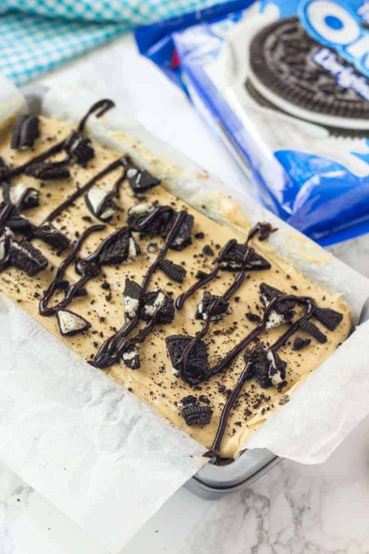 Peanut Butter Oreo Icebox Cake in a pan