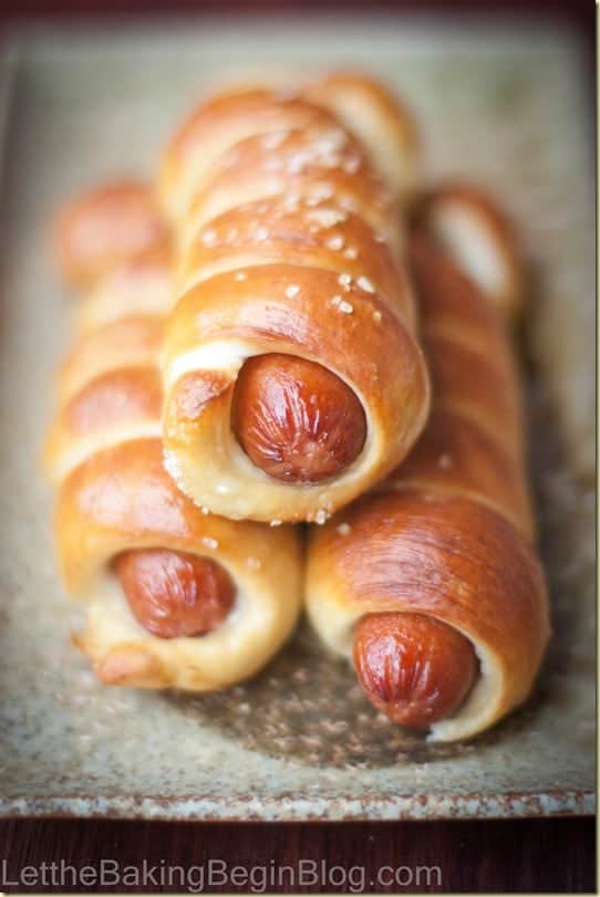 A hotdog wrapped in a pretzel bun