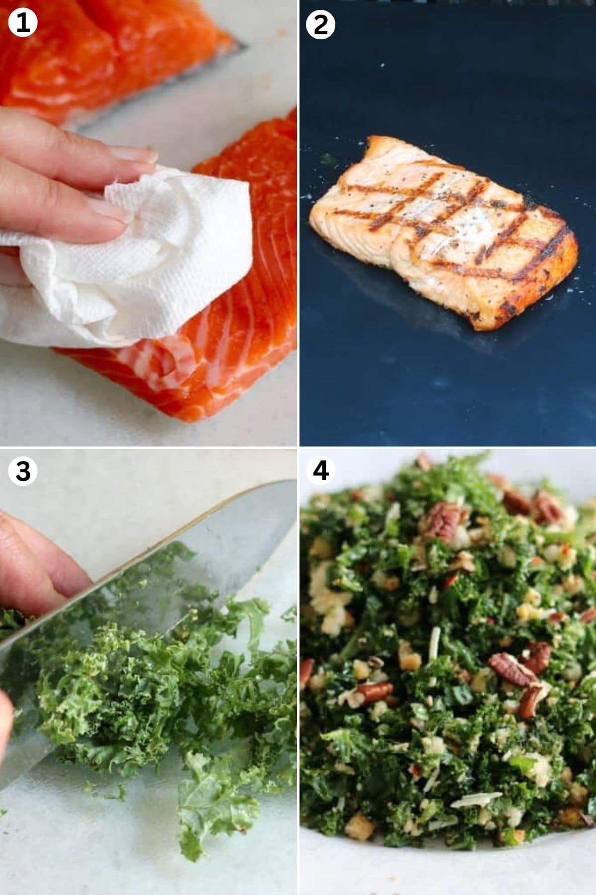 pat dry the salmon and grill. cut the kale and mix with nuts. 