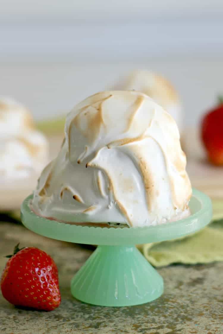 Close up of meringue on top of strawberry shortcake