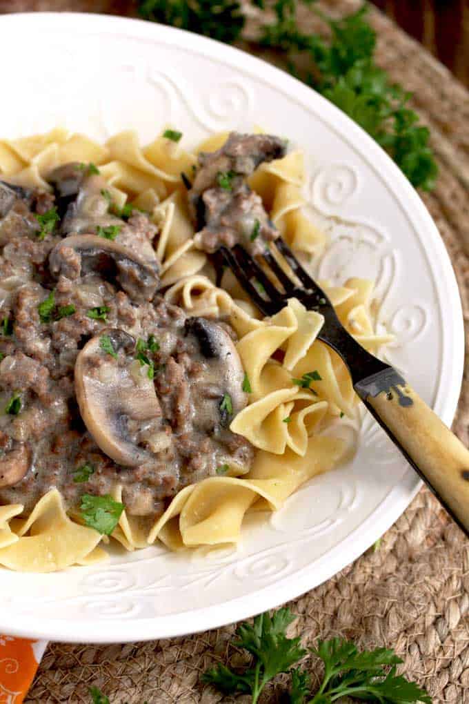 A plate of food, with Beef and Beef Stroganoff