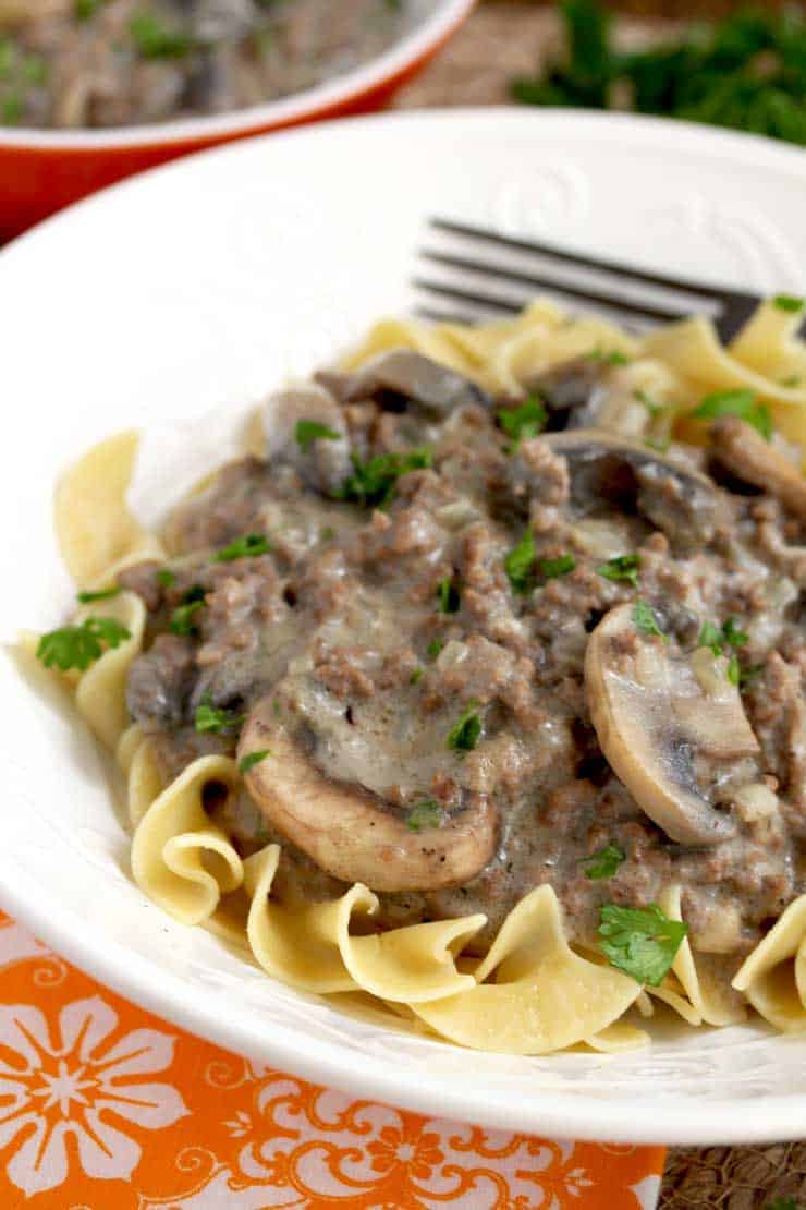 A plate of food, with Beef and Beef Stroganoff