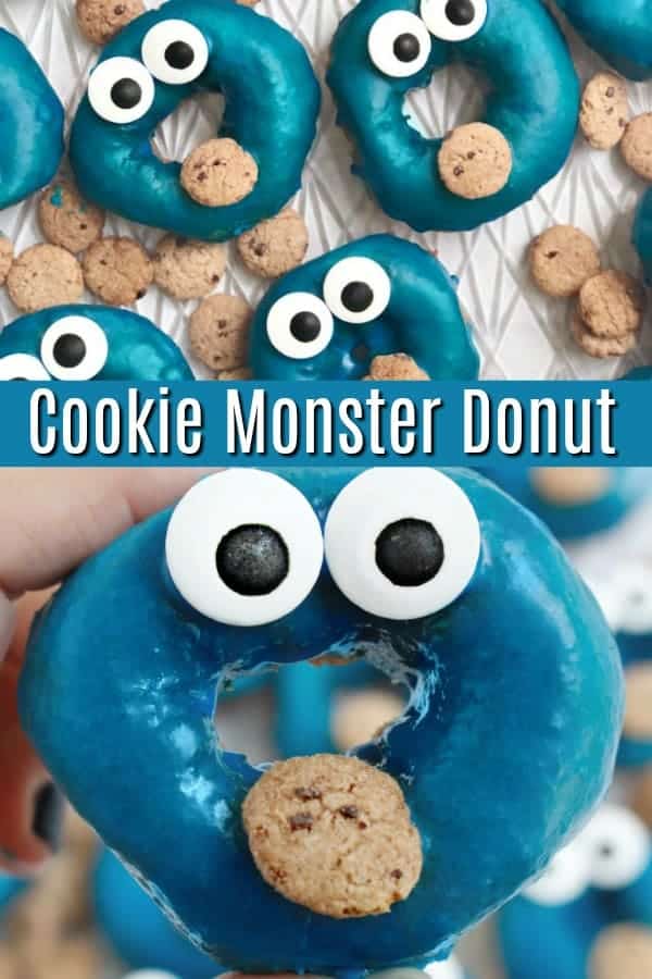 A doughnut and blue frosting with candy eyeballs and a cookie to make a cookie monster donut