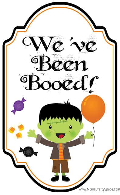 A we\'ve been booed flyer with a little Frankenstein holding an orange balloon