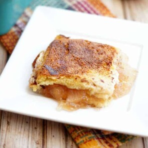 Overnight apple pie French toast on a white plate