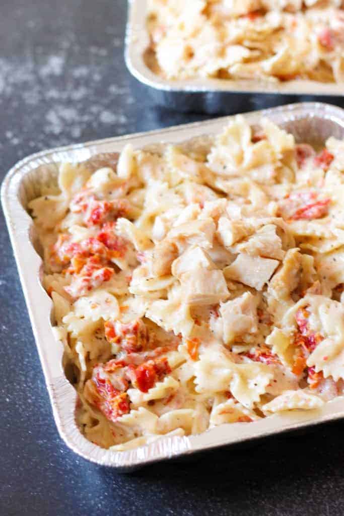 Tuscan pasta with chicken in a disposable tin