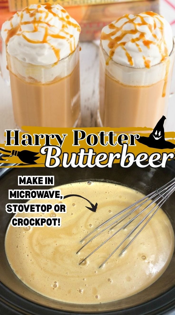 2 glasses of hot butterbeer side by side, drizzled with caramel