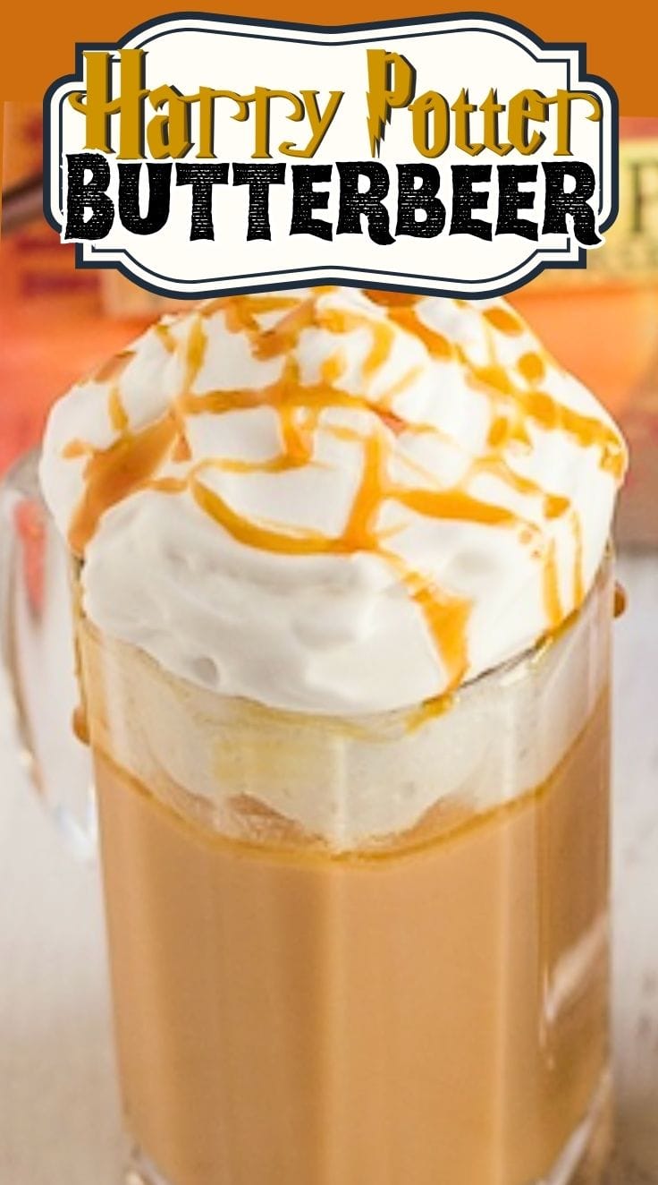 Close up of Harry Potter Butterbeer Hot in a tall beer glass, drizzled with caramel
