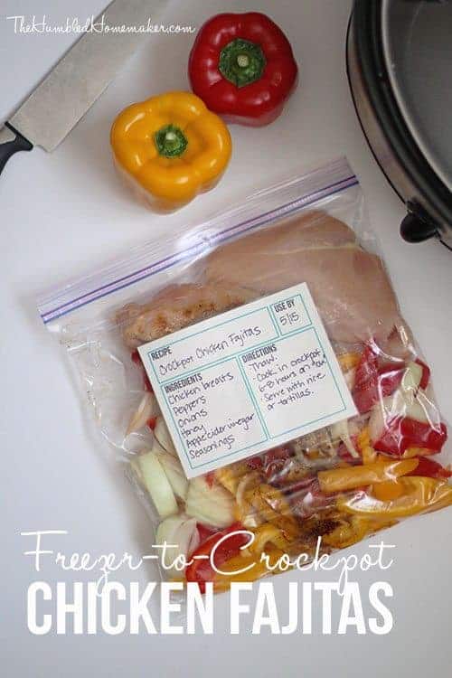 Crockpot chicken fajitas in a Ziploc bag ready for the freezer with red and
