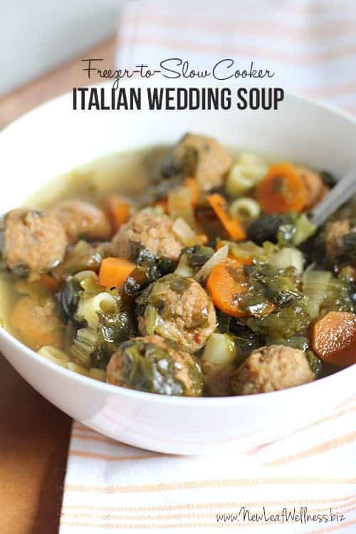 Slow cooker Italian wedding soup in a white bowl