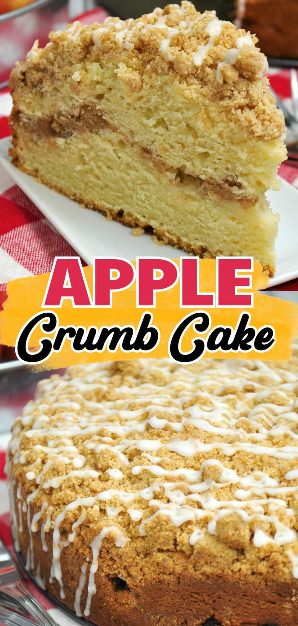 Slice of apple crumb cake with cinnamon filling, and the whole glazed cake below.