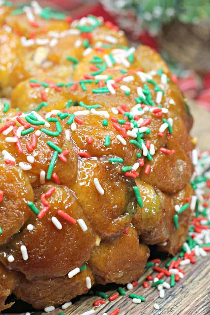 Chocolate Filled Monkey Bread with Christmas sprinkles on top