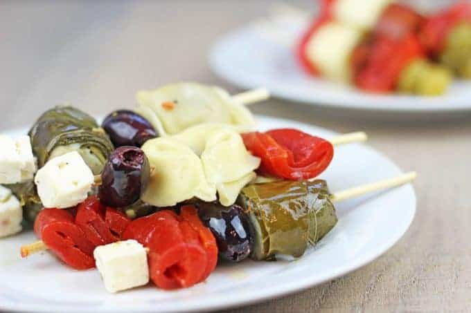 Greek Antipasto Skewers by Dinner then Dessert | 25 Make Ahead Appetizer Ideas for Thanksgiving