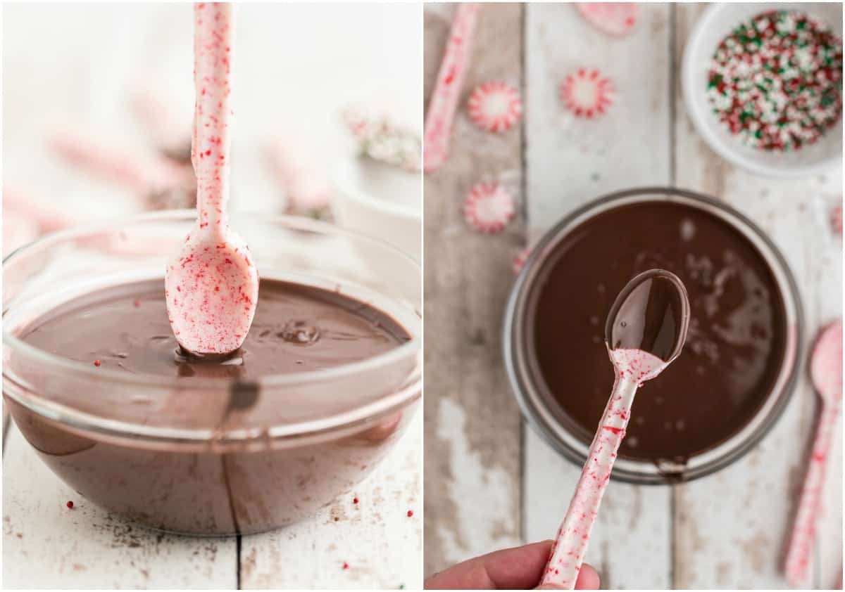 dipping spoons in melted chocolate