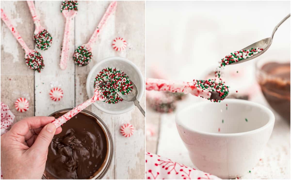 covering peppermint spoon with sprinkles