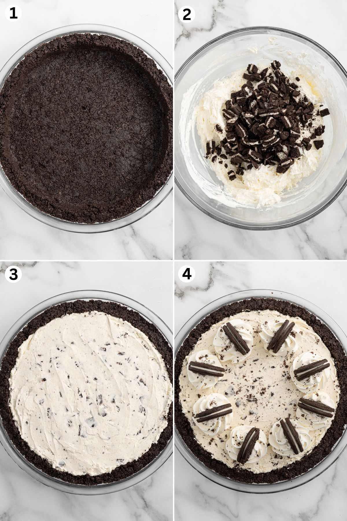 hilled Oreo crust filled with creamy whipped topping and crushed Oreos, garnished with cookie halves for a decadent dessert.