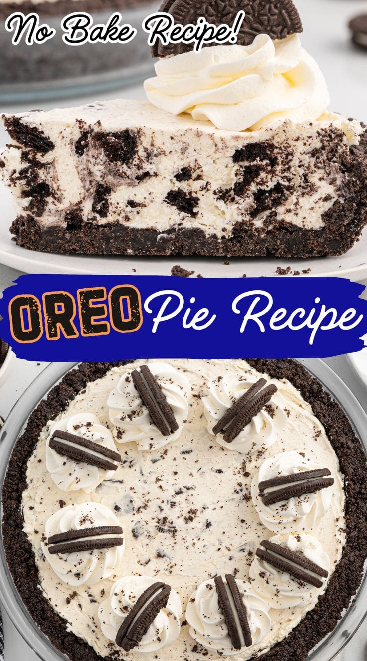 A slice of no bake oreo pie on a white plate. Top shot of no bake oreo pie, decorated with Oreo biscuits.