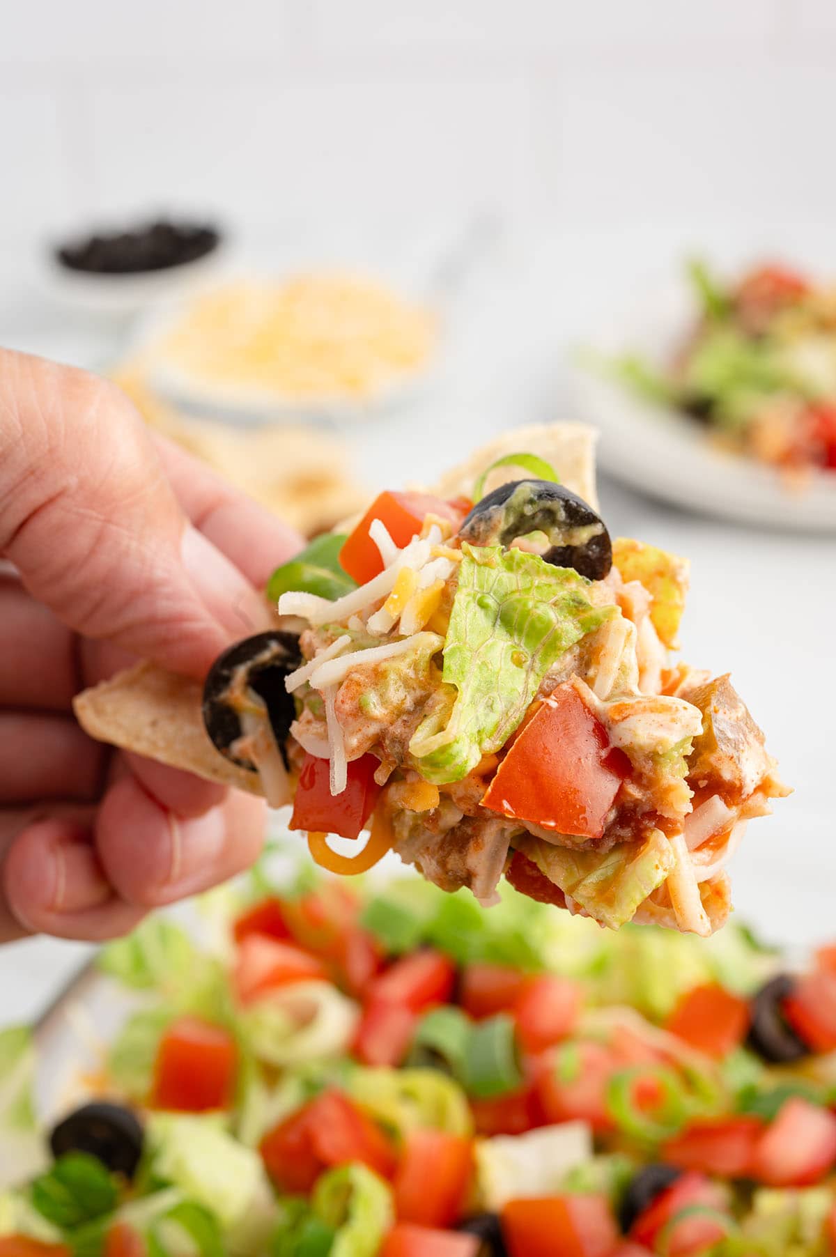 a hand holding a tortilla chip with 7 Layer Dip.